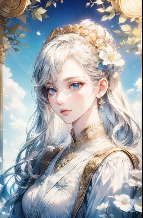 Silver-haired woman、bust、white skinned、Symmetry between left and right eyes、delicate eyes、sparkling sky blue eyes、golden hair accessories、Mosaic pattern background、spotlight、high contrast、Striking shadows、Detailed shadows、Perfect workmanship、​Masterpiece、t...