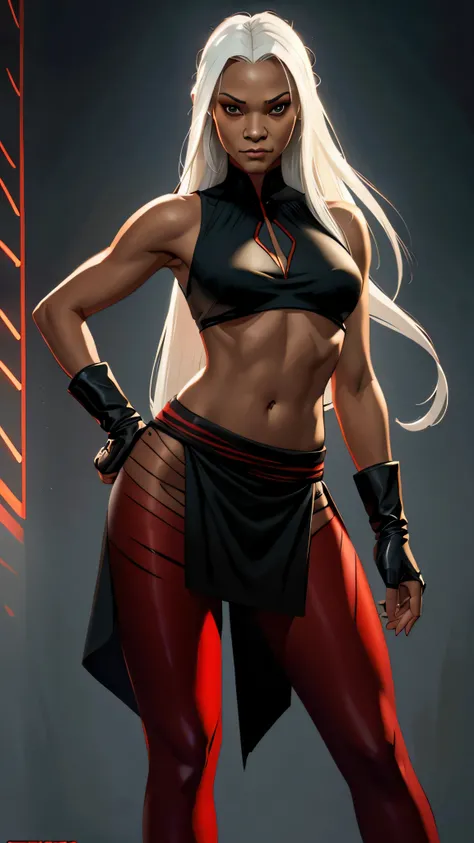 ((z03saldana)) as Jataaka from Mortal Kombat, ((long white hair)), (black loincloth skirt with red lines), (black sleeveless fit top with red lines), (black fit leggings), (high heels), gloves, accessories, make-up, seductive, sexy, hot, sultry, shapely, i...