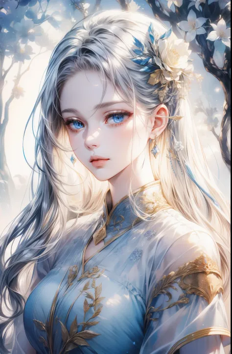 Silver-haired woman、bust、white skinned、Symmetry between left and right eyes、delicate eyes、sparkling sky blue eyes、golden hair accessories、Mosaic pattern background、spotlight、high contrast、Striking shadows、Detailed shadows、Perfect workmanship、​Masterpiece、t...