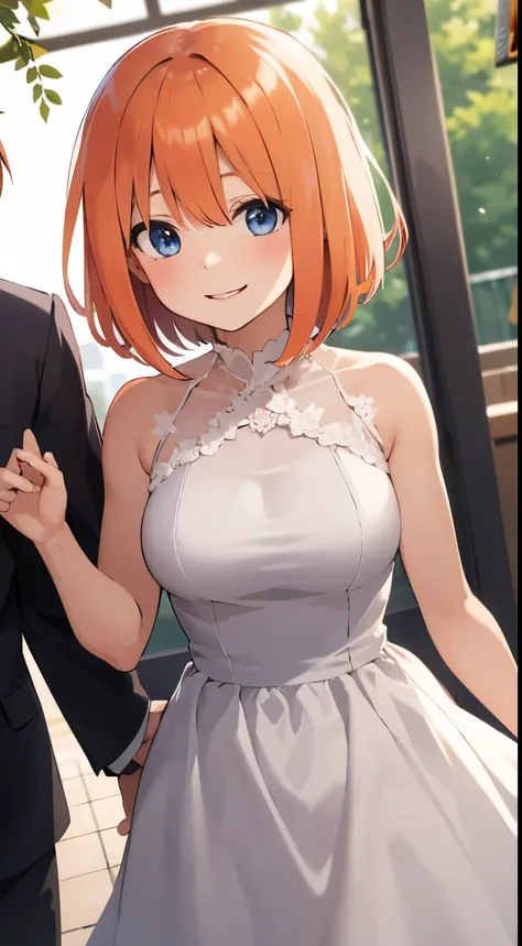 Nakano Yotsuba, Orange hair、wedding dress:1.4、look at viewr,A smile, short hair