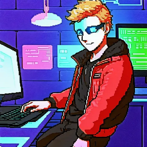 hacker boy who says “rich boys” on his jacket and computer