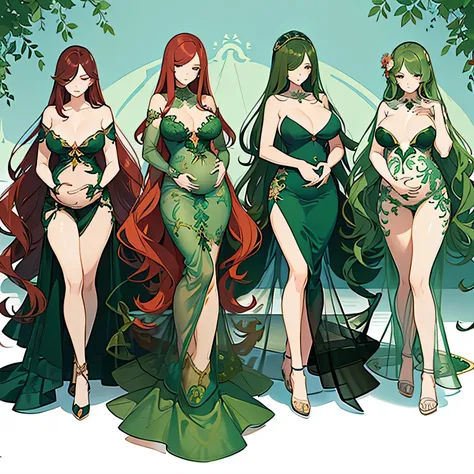 beautiful pregnant woman, long wavy red hair, green leafy mermaid dress, seductive pose, cleavage