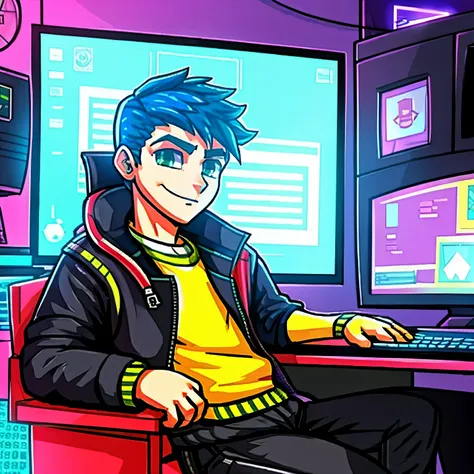 Hacker boy who says “rich boys” on his jacket and computer