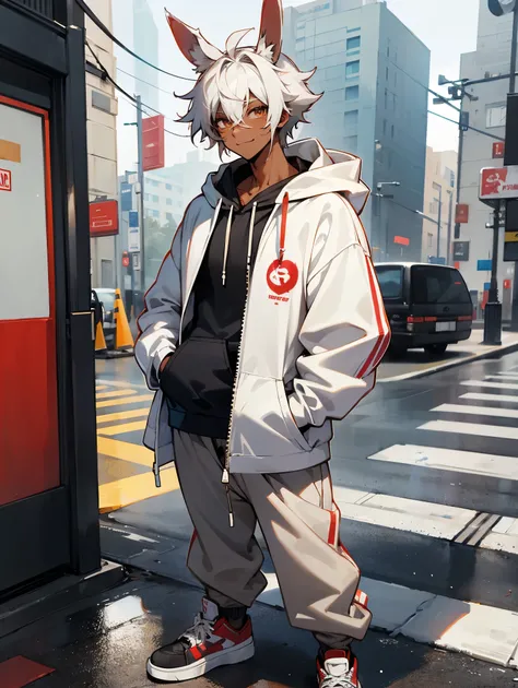 1male , White Messy Hair , Rabbit Ears , Happy Expression , Standing on sidewalk ,Black Baggy Unzipped Hoodie, Red Sneakers, Dark Skin , Lean Muscular Build