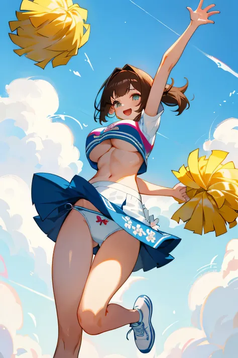 highest quality、High resolution、detailed background、cute teen girl、brown hair、bob cut、ponytail、(huge breasts:1.2)、perfect body line、big ass、vast sky、jump and fly in the sky、(Cheerleader、I&#39;We&#39;re rooting for you、sexy cheer costume)、(pom pom:1.2)、Whit...