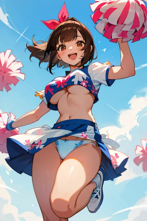 highest quality、High resolution、detailed background、cute teen girl、brown hair、bob cut、ponytail、(huge breasts:1.2)、perfect body line、big ass、vast sky、jump and fly in the sky、(Cheerleader、I&#39;We&#39;re rooting for you、sexy cheer costume)、(pom pom:1.2)、Whit...