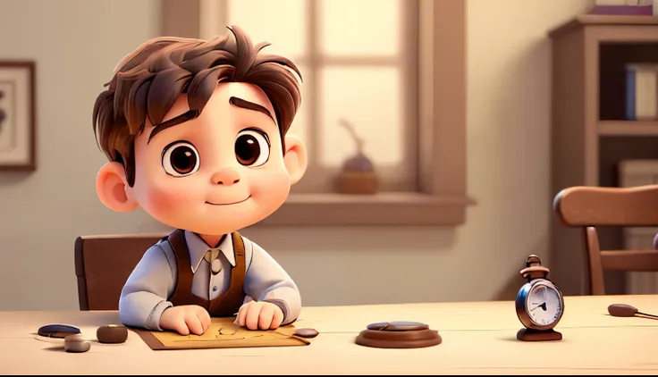 A little boy looks curiously at a pocket watch on the table，cartoon style