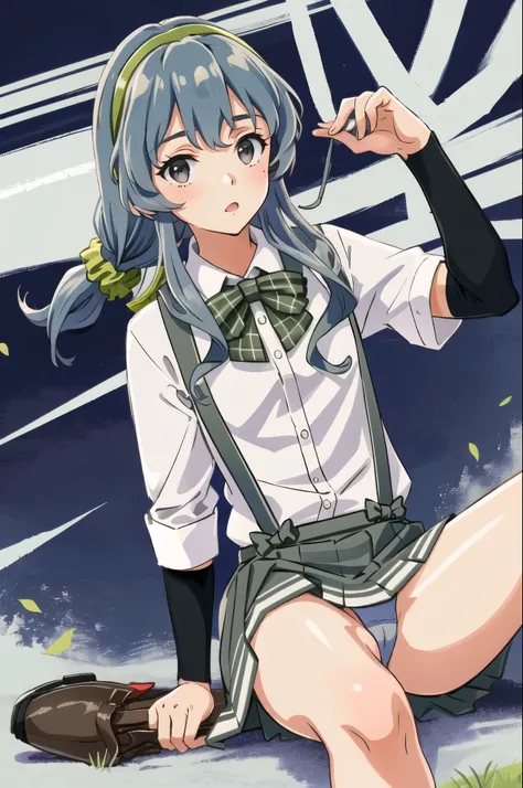 YamagumoKC, (white) shirt, (suspenders) skirt, (green) hair band, (pleats) skirt, (gray) skirt, (black) shoes下, shoes, (single) Braid, Scrunchie, side lock, (green) bow tie, (plaid) bow tie, arm warmers,
highest quality, masterpiece, High resolution,(panti...