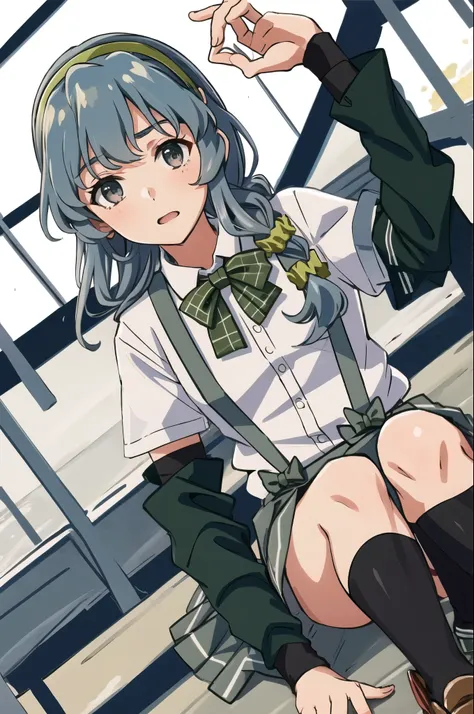 YamagumoKC, (white) shirt, (suspenders) skirt, (green) hair band, (pleats) skirt, (gray) skirt, (black) shoes下, shoes, (single) Braid, Scrunchie, side lock, (green) bow tie, (plaid) bow tie, arm warmers,
highest quality, masterpiece, High resolution,pantie...