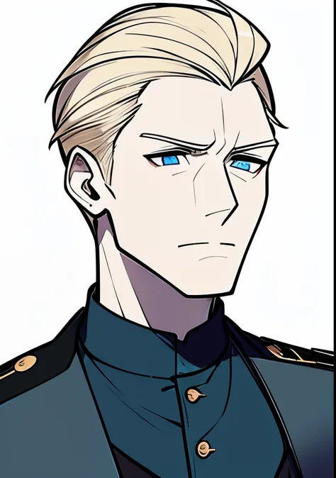 Young Adult male, white and tender skin, pale blonde slicked back combed short hair, kaisermustache and a ducktail beard, steel blue eyes, green and slightly mature, serious and emotionless facial expression,wearing world war 2 era german fatigues, portrai...