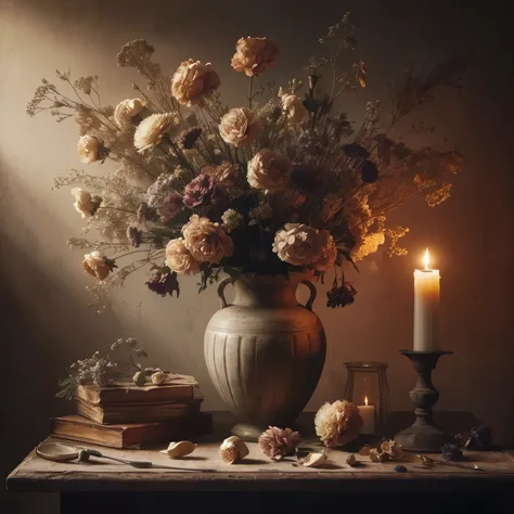 there is a vase with flowers and a candle on a table, old masters light composition, still life photography, by Aleksandr Gerasimov, by Alexey Venetsianov, by Alexander Kucharsky, alexey egorov, by Marie Bashkirtseff, by andrey ryabovichev, beautiful compo...