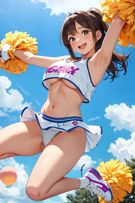 highest quality、High resolution、detailed background、cute teen girl、brown hair、bob cut、ponytail、(huge breasts:1.2)、perfect body line、big ass、vast sky、jump and fly in the sky、(Cheerleader、I&#39;We&#39;re rooting for you、sexy cheer costume)、White floral embro...