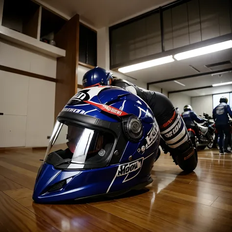 Motor sport sedang menunggu berbuka puasa diatas gedung didekat meja makan dengan menu helm arai