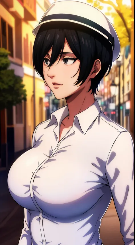 letterboxed, outdoors, on the street,
white headwear, collared shirt, white shirt,
black eyes, black hair, short_hair,hair betwe...