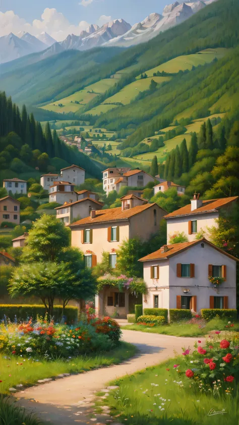 beautiful oil painting of village, Villa Bella, Italy, Written by Sung Kim