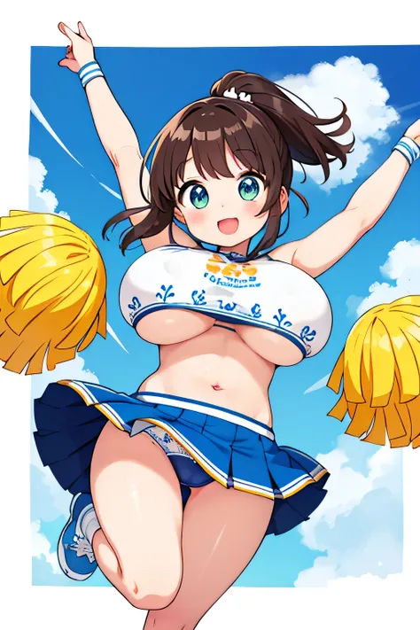 highest quality、High resolution、detailed background、cute teen girl、brown hair、bob cut、ponytail、(huge breasts:1.2)、perfect body line、big ass、vast sky、jump and fly in the sky、(Cheerleader、I&#39;We&#39;re rooting for you、sexy cheer costume)、White floral embro...