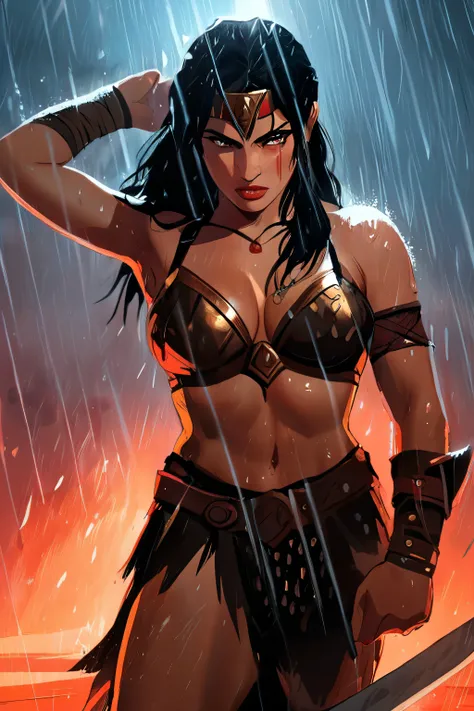 style,Epic illustration of a barbarian warrior woman, standing resolute in the pouring rain,looking at the camera, close up, evoking the grandeur of Gladiator, soaked in blood, undamaged details, while rendering with dynamic lighting, sweeping camera angle...