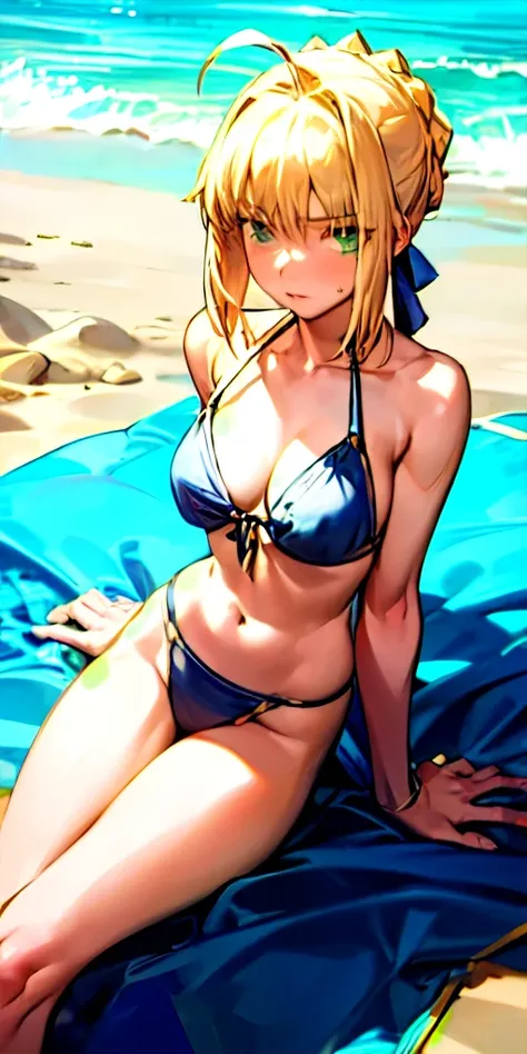 (masterpiece:1.4), (best quality:1.4), 1girl, artoria pendragon (fate) , beach, (bikini:1.2), sleeveless,
