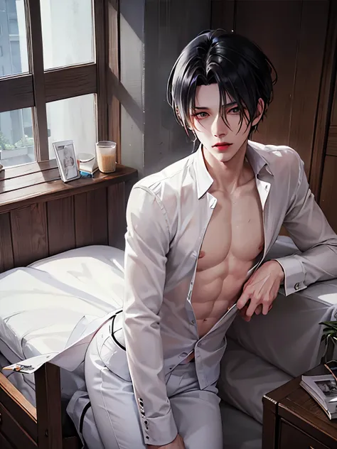 Anime sexy Mann, schwarzes Haar, Ketten, white pants, modern white shirt, leuchtende Farben, anime boy, wet body, bed, without shirt, high quality fanart, hot expression, Beast, at pixiv, official fanart, pixiv, detailed fanart, relaxing, levi ackerman, re...