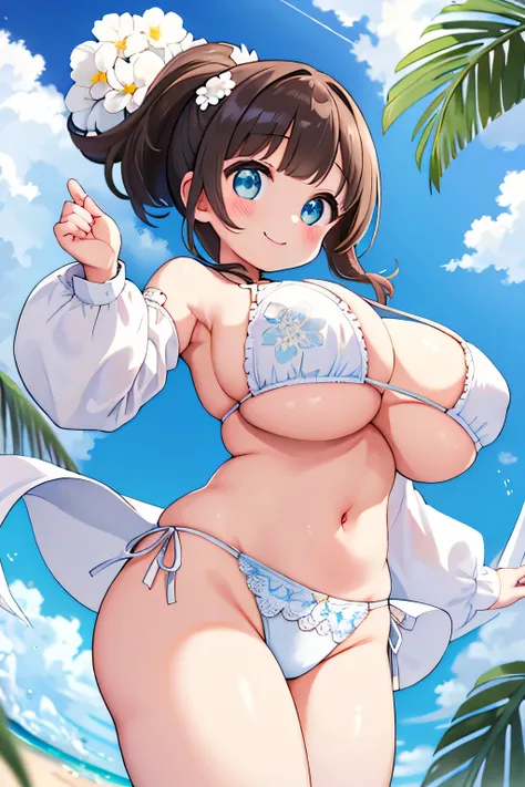 highest quality、High resolution、detailed background、cute teen girl、brown hair、bob cut、ponytail、(huge breasts:1.2)、perfect body line、big ass、vast sky、
(smileで大空にジャンプしているチアリーダー:1.5)、I&#39;We&#39;re rooting for you、sexy costume、sexy cheer costume、White floral...