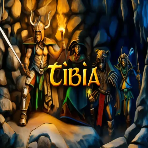 uma pintura de um grupo de pessoas em frente a uma caverna, Estilo de Tim Hildebrandt, capa de um novo videogame, jogo de aventura apontar e clicar, Tribal Yurta, game logo, Naga Tirr, tribalist science fiction, 3rd person action-adventure RPG, Minas Tirit...