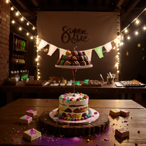 design a cake representing holi festival, background show cake shop, bokeh, show cookies, protein chocolate bars on the table, 8k, ultra realistic