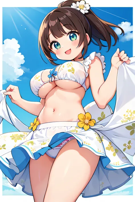 highest quality、High resolution、detailed background、cute teen girl、brown hair、bob cut、ponytail、(huge breasts:1.2)、perfect body line、big ass、vast sky、
(smileで大空にジャンプしているチアリーダー:1.5)、I&#39;We&#39;re rooting for you、sexy costume、sexy cheer costume、White floral...