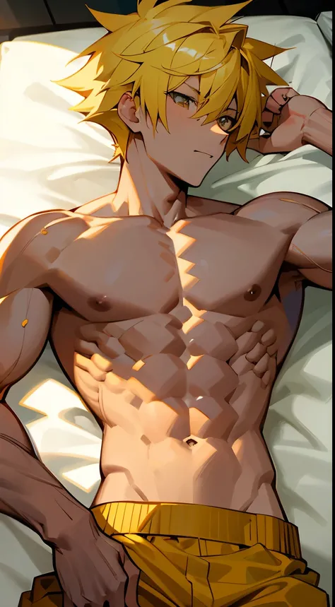 Shirtless anime guy muscular with yellow hair
6 pack abs 
Lying on the bed