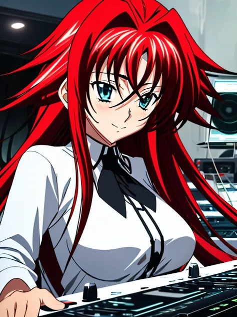 Make Rias Gremory a futuristic DJ This DJ should be wearing silver robotic clothing This DJ should be playing in Miami He&#39;s playing to a lot of people who are dancing Ultra-realistic photo, calidad 8k, full HD