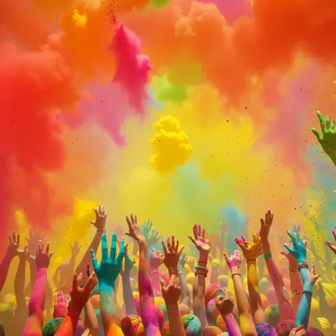 (best quality：1.4)，（best result：1.4），（Super clear picture quality：1.4），（Super clear details：1.2），HOLI,A group of people raise their hands in the air，It&#39;s covered in colored powder, Colorful Holi, A colorful festival, colorful explosion, colorful crowd,...