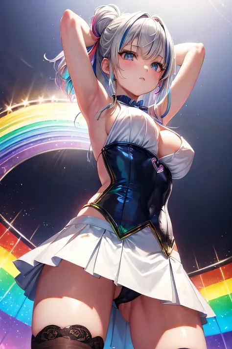 (((Rainbow-colored)))leotard、mini skirt、panty shot、Beautiful Girl Magician、silver hair upstyle、((whole body))、(((photo taken from below)))、magic circle、background is sky