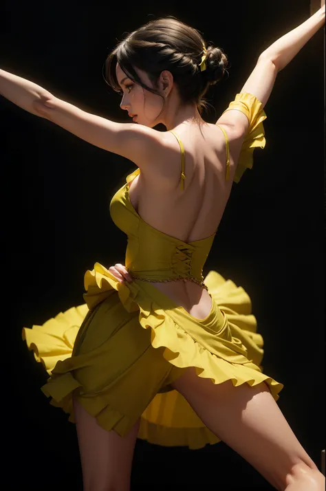 passionate young woman of 24 years, in a dress yellow green, black hair, dancing flamenco Oil painting. Dark background, rear side view, hands raised, warm, discreet color, hard light, increase sharpness, all details,