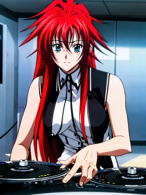 Make Rias Gremory a futuristic DJ This DJ should be wearing silver robotic clothing This DJ should be playing in Miami He&#39;s playing to a lot of people who are dancing Ultra-realistic photo, calidad 8k, full HD