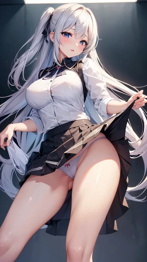 ((highest quality、High resolution、Highly detailed CG Unity 8K wallpaper))、detailed face、perfect body、unparalleled beauty、beautiful breasts、open your legs、((She lifts up her skirt and shows her panties、sexy expression))