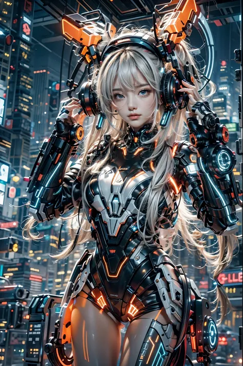 best quality，masterpiece，16k，1 girl,cyberpunk,luminous headphones,mechanical jewelry fragments,technical background,luminous hel...