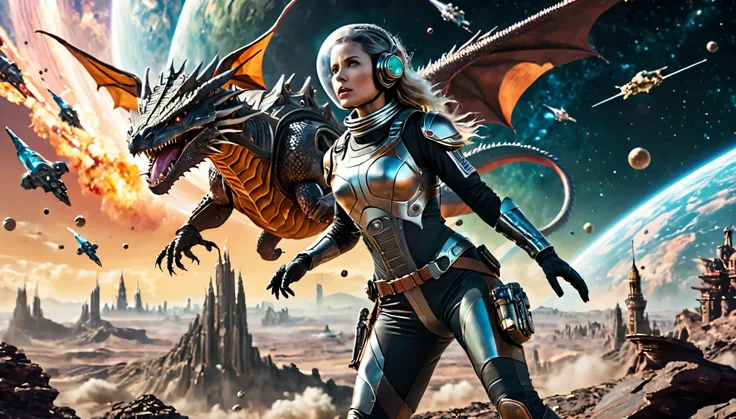 cinematic scene, superrealism, a woman in a glass spacesuit, uses a blaster in battle against a flying dragon, looks at the dragon and shoots it, on the surface of a terrible planet, action pose, in the background another large spaceship, an epic scene, ba...