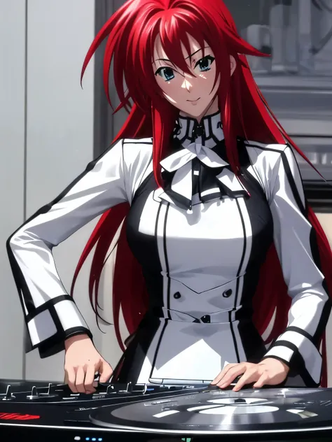 Make Rias Gremory a futuristic DJ This DJ should be wearing silver robotic clothing This DJ should be playing in Miami He&#39;s playing to a lot of people who are dancing Ultra-realistic photo, calidad 8k, full HD