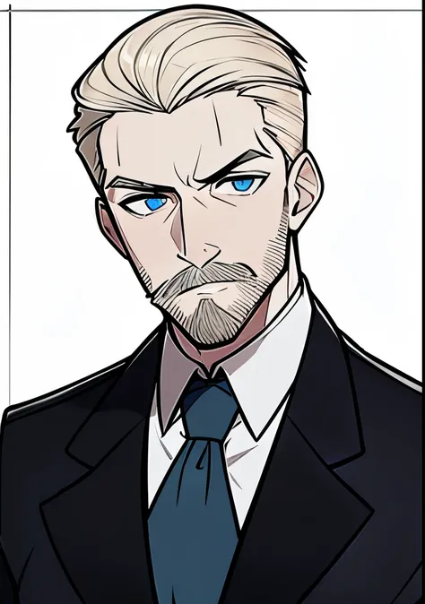 young adult male, white and tender skin, pale blonde slicked back combed short hair, kaisermustache and a ducktail beard, steel ...