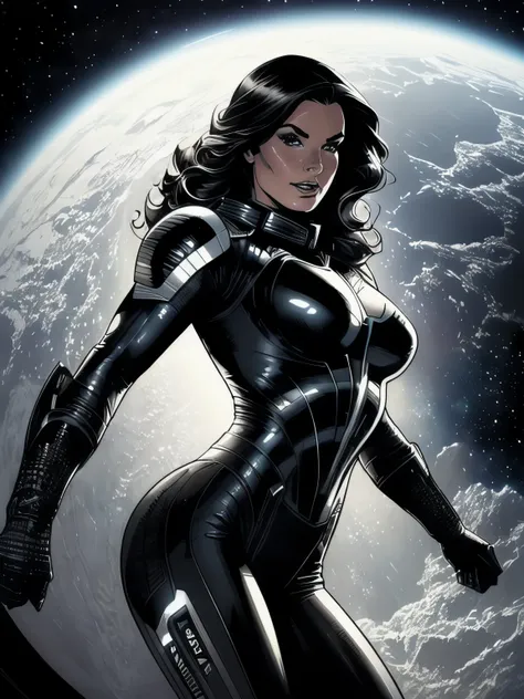 alison tyler in comic book panel, lineart illustration , sharp eyes focus , athletic body, alone, ((woman in space armor )), (((...