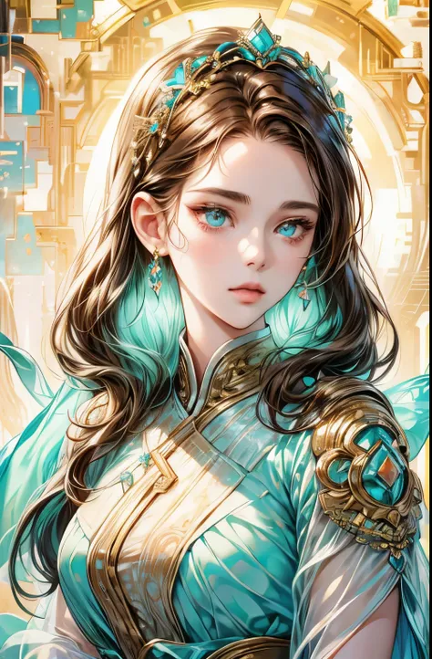 Brown-haired woman、bust、white skinned、Symmetry between left and right eyes、delicate eyes、sparkling turquoise eyes、golden hair accessories、Mosaic pattern background、spotlight、high contrast、Striking shadows、Detailed shadows、Perfect workmanship、​Masterpiece、t...