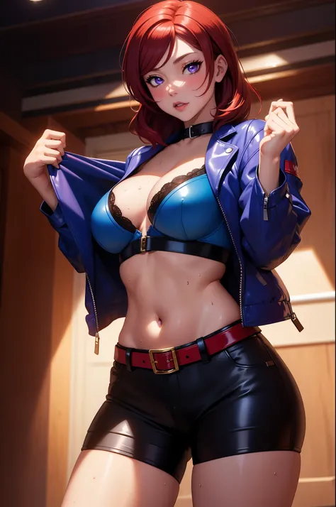 (Masterpiece, Best Quality, High Quality), volumetric lighting, illustration, beautiful, tight , Blushing, looking at viewer, blue leather bra top, blue leather small jacket, blue leather shorts,solo, posing for picture, seductive, perfect lighting, perfec...