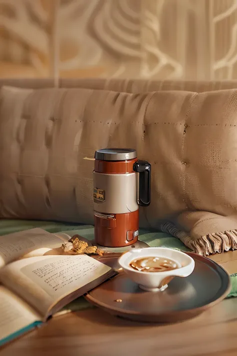 (thermos cup:1.2),round table，book,(sofa 0.6）indoor scene，close-up warm tones，product photography