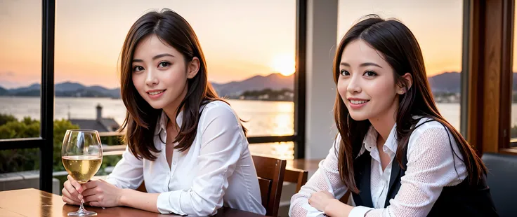 K, Hmm, highest quality, masterpiece: 1.2), (realistic, photorealistic: 1.37), Spectacular view of the sunset sky and clouds、Amazing mountain views、Satomi Ishihara、3 slim beauties, (slim face),Happy、 the best smile、Fox face、Berry Short、(because I&#39;thin)...