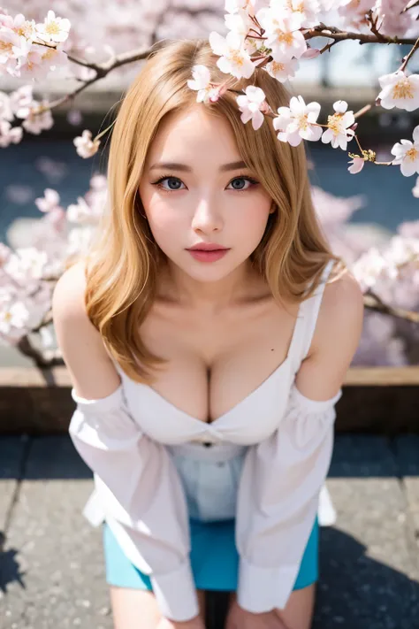 ((highest quality)), ((masterpiece)), (be familiar with), perfect face, double eyelid, (beautiful eyes, color contacts), middle hair, blonde, Japanese, plump breasts, No sleeve, short skirt, (Slouching, standing position, Middle-waisted, put your hands on ...