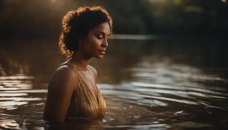 A stunningly beautiful brown-skinned girl stands serene in the middle of the river flow, her curves accentuated by the gentle caress of the water. Have Angels wings, adorned with iridescent feathers, sprawl majestically on her shoulders, their ethereal glo...