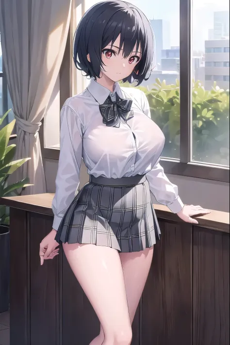 aimizuno, ai mizuno, black hair, hair between eyes, (red eyes:1.5), short hair,
BREAK  black legwear,  black skirt,  brown footwear, collared shirt, loafers, long sleeves, miniskirt, plaid, plaid neckwear, plaid skirt, pleated skirt, , shirt, shoes, skirt,...