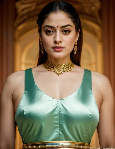 Looks like Sandeepa Dhar, "Design an illustration of a stunning and powerful warrior queen with a regal presence. She should possess a combination of strength and grace. Imagine her in ornate, yet practical armor that complements her figure. The armor shou...