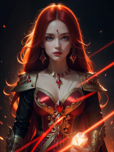 (masterpiece), high details, high quality, a beautiful woman, red hair, long hair, beautiful detail eyes, crimson red eyes, red lips, fire witch, blood, light particles, light rays, glowing red crystal, (Luminous crystals), wallpaper, high contrast, intric...