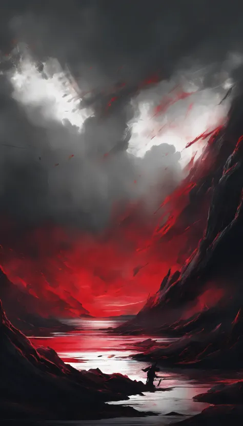 (with red details),painting,Dark and atmospheric,ominous clouds,high contrast,strong shadow,main part:1.2,bright colors,arms，intense colors,Turbulent dark abstract background, png without background, Just a sword