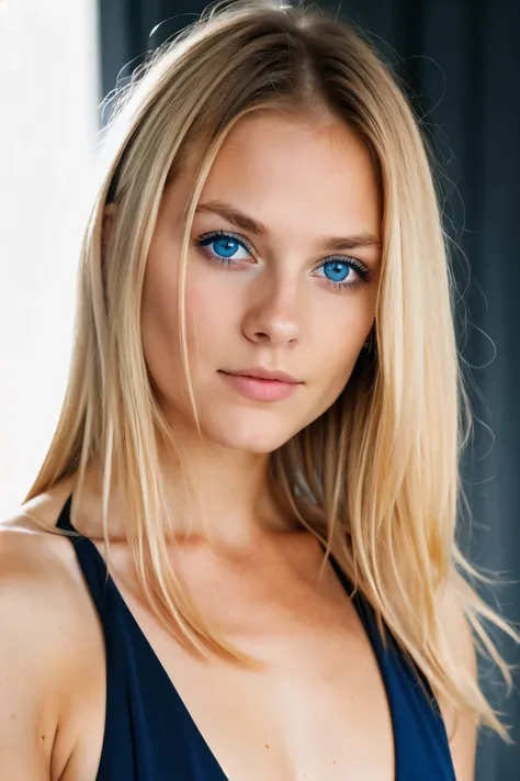 super cute blonde woman in dark theme french blue eyes